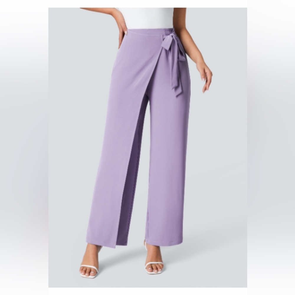 High Waisted Tie-Side Invisible Zipper Wide Leg Work Pants. 
Soft Purple. Size S